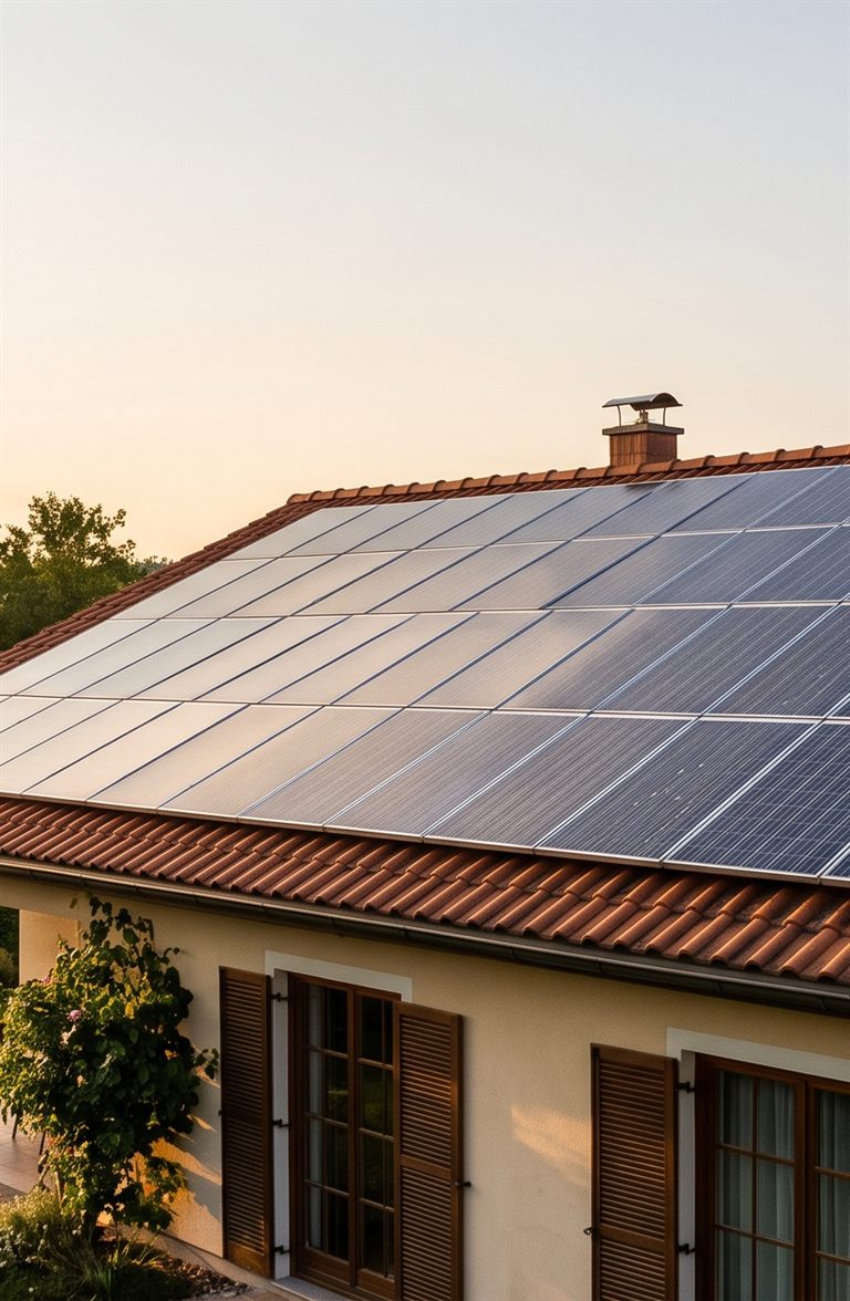 Painéis fotovoltaicos instalados no telhado de uma casa